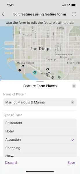 Screenshot of Edit features using feature forms sample