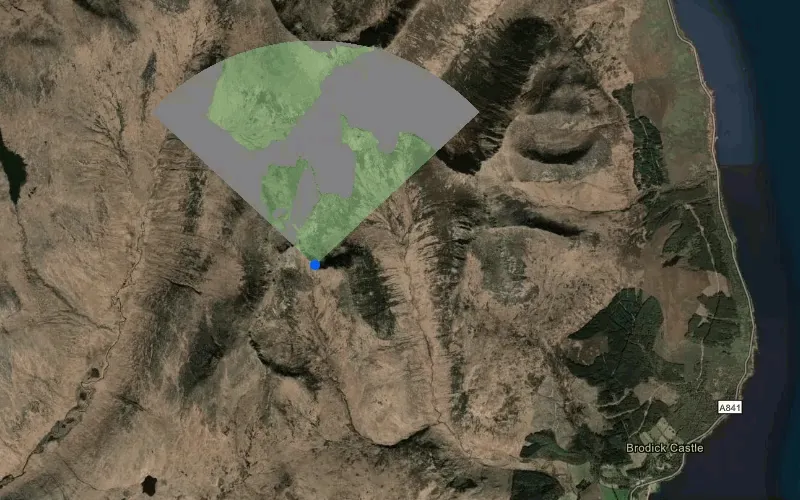 Viewshed analysis showing visible and obstructed areas around an observer location.