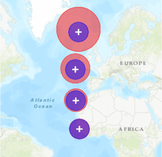 Graphic showing planar and geodesic buffer polygons of the same size