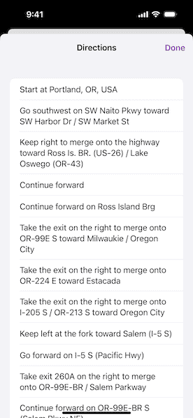 Screenshot of Display route layer sample with list of directions