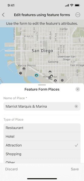 Screenshot of Edit features using feature forms sample