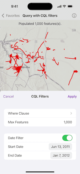 Screenshot of Query with CQL filters sample