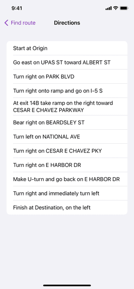 Screenshot of find route sample with list of directions