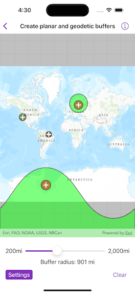 Screenshot of create planar and geodetic buffers sample