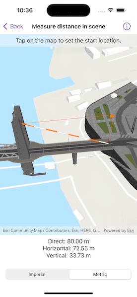 Measure distance in scene | ArcGIS Maps SDK for Swift | ArcGIS