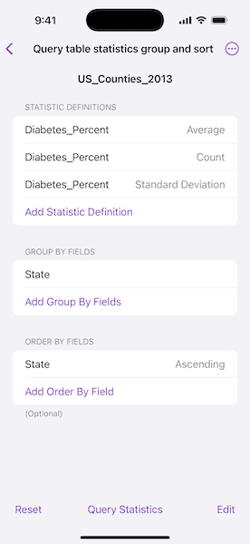 Image of Query table statistics group and sort sample parameters