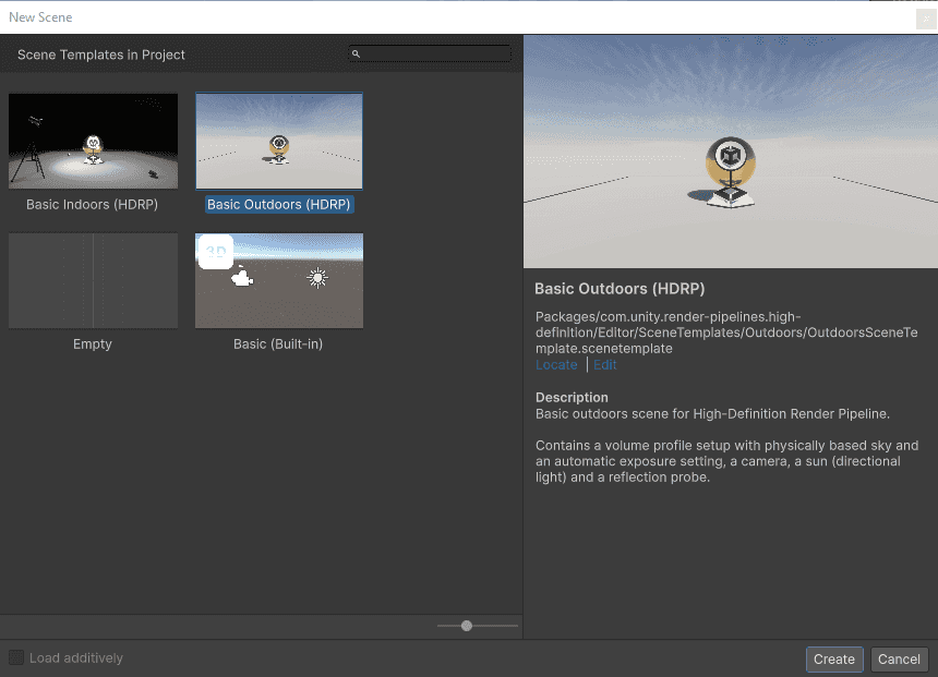 Select Basic Outdoors (HDRP) template