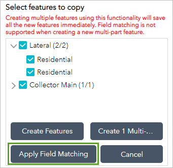 Select features to copy pane with Apply Field Matching button