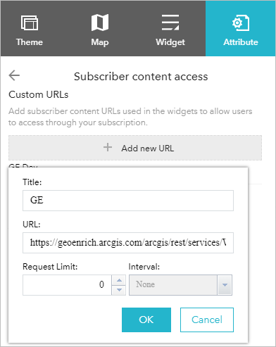 Attribute tab with Subscriber content access window and URL settings